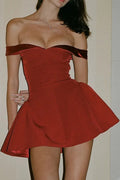 Satin Off Shoulder Sweetheart Fit and Flare Skater Mini Dress