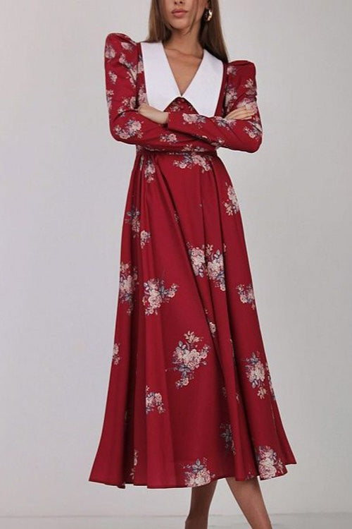 Contrast Collar Puff Sleeve Belted Ditsy Floral Print Midi Dress