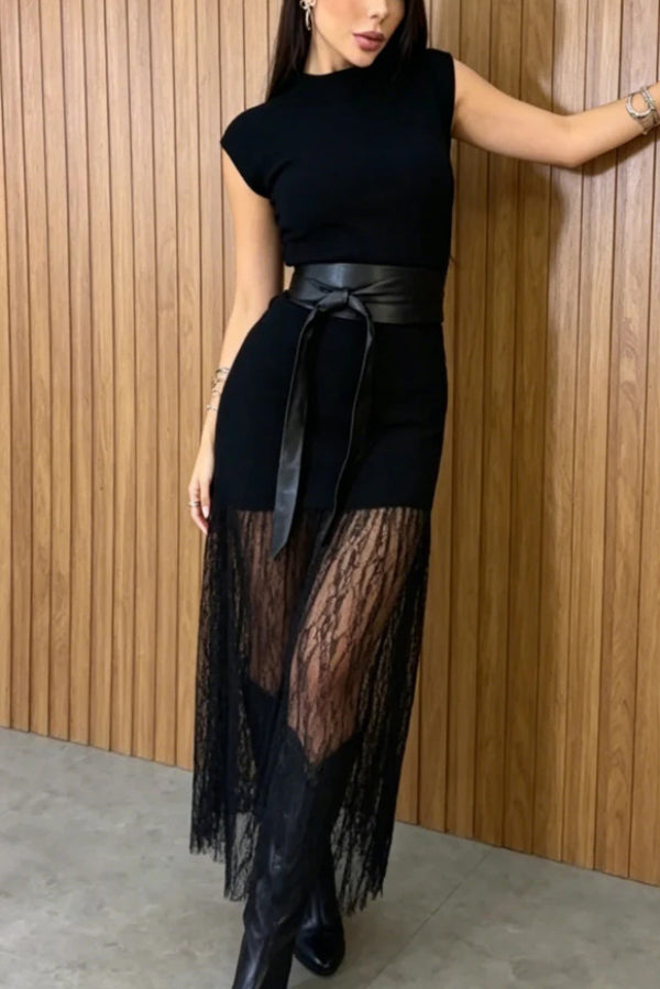 Stylish Sleeveless Spliced lace Hem Elegant Slim-fit Maxi Dress