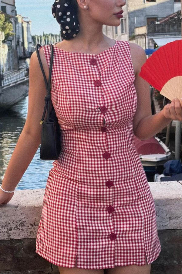 Retro Plaid Print Sleeveless Round Neck Button Casual Mini Dress