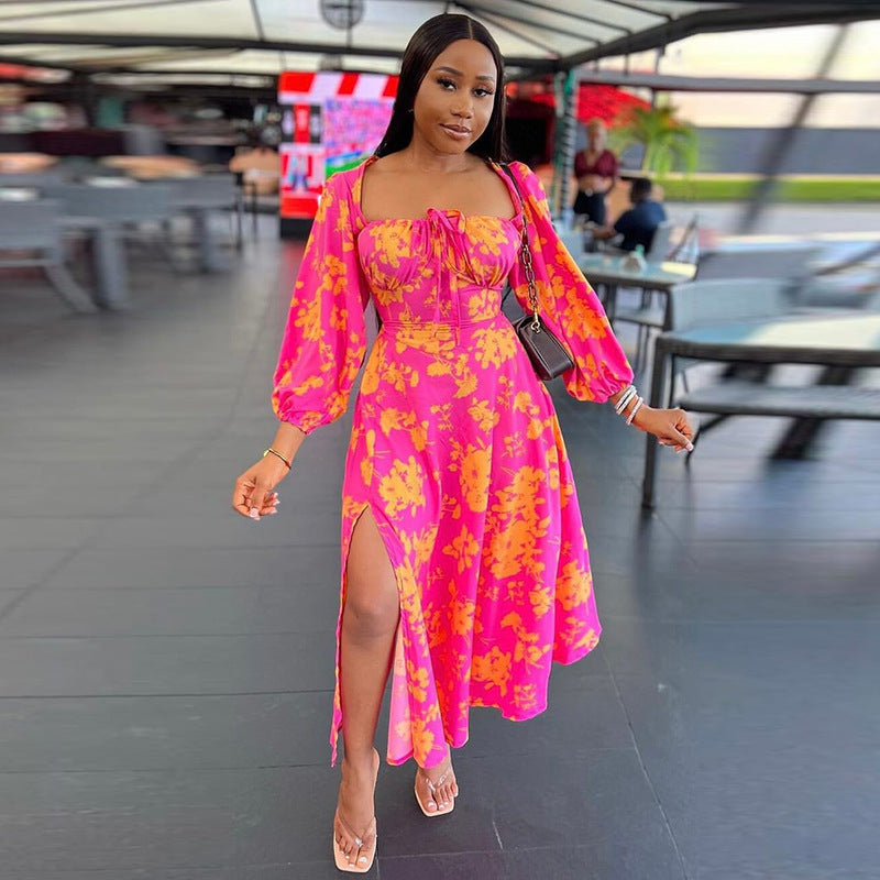 Floral Print Puff Sleeve Tie Front Ruched Bust High Split Midi Dress