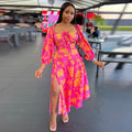 Floral Print Puff Sleeve Tie Front Ruched Bust High Split Midi Dress