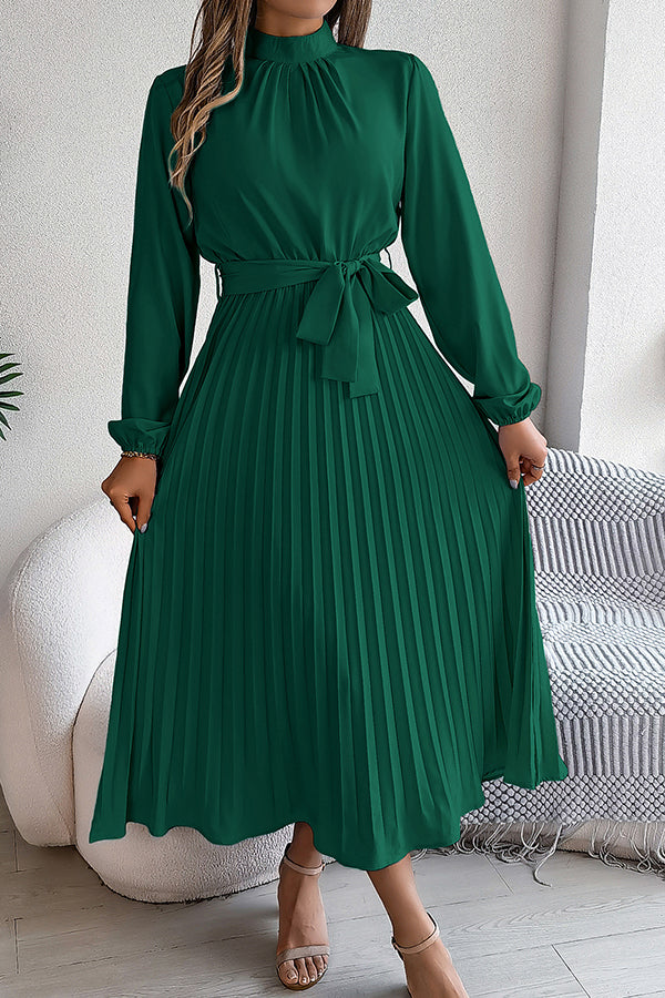 Mock Neck Lantern Sleeve Belted Pleated A-Line Midi Dress