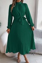Mock Neck Lantern Sleeve Belted Pleated A-Line Midi Dress