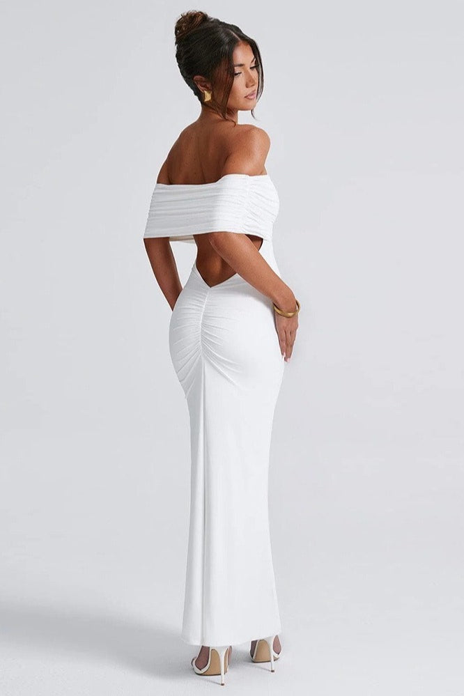 Off Shoulder Ruched Band Open Back Bodycon Maxi Dress