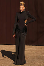 Mock Neck Padded Shoulder Cut Out Waist Ruched Maxi Dress