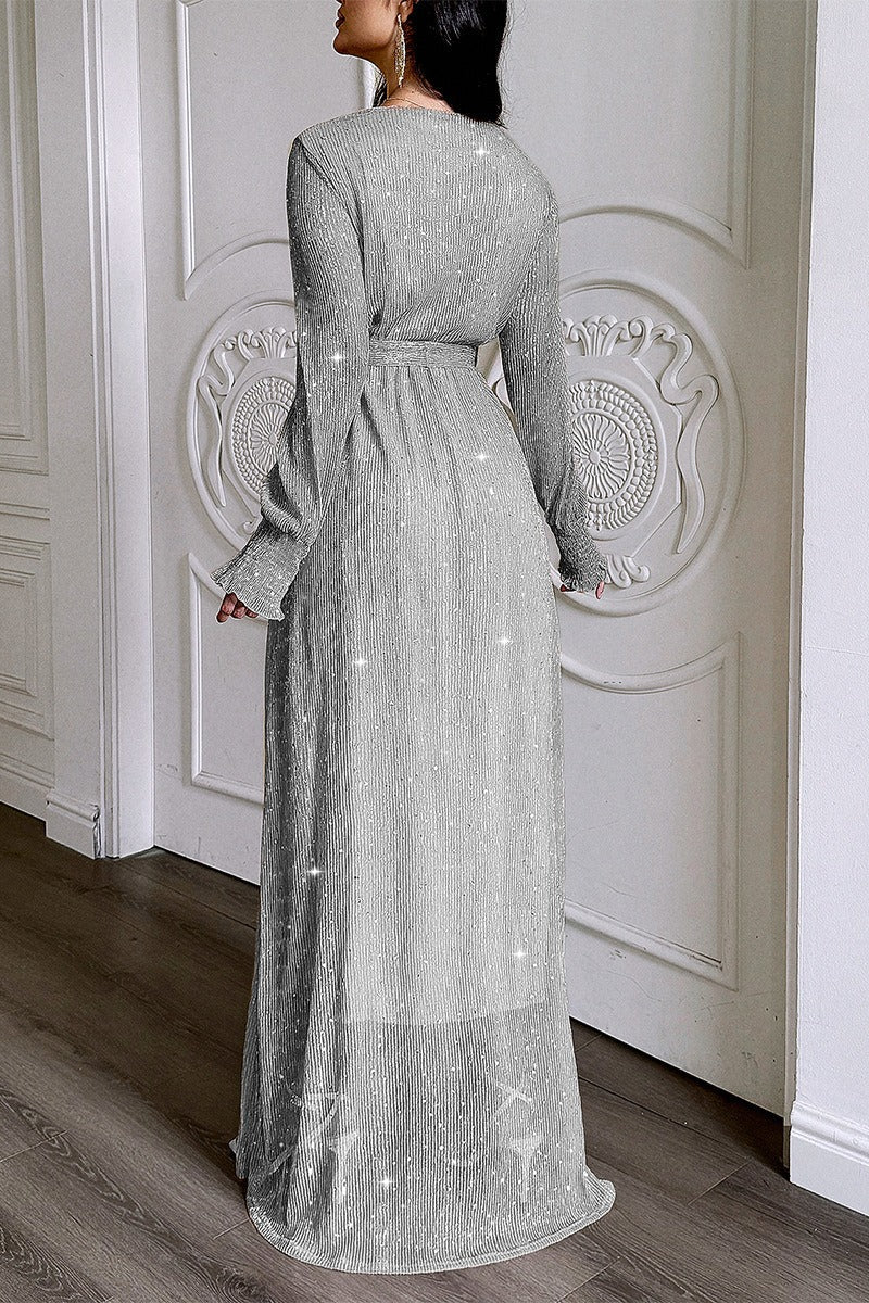 Plisse Long Sleeve Wrap Tie Waist High Slit Maxi Dress