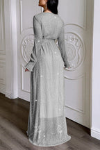 Plisse Long Sleeve Wrap Tie Waist High Slit Maxi Dress