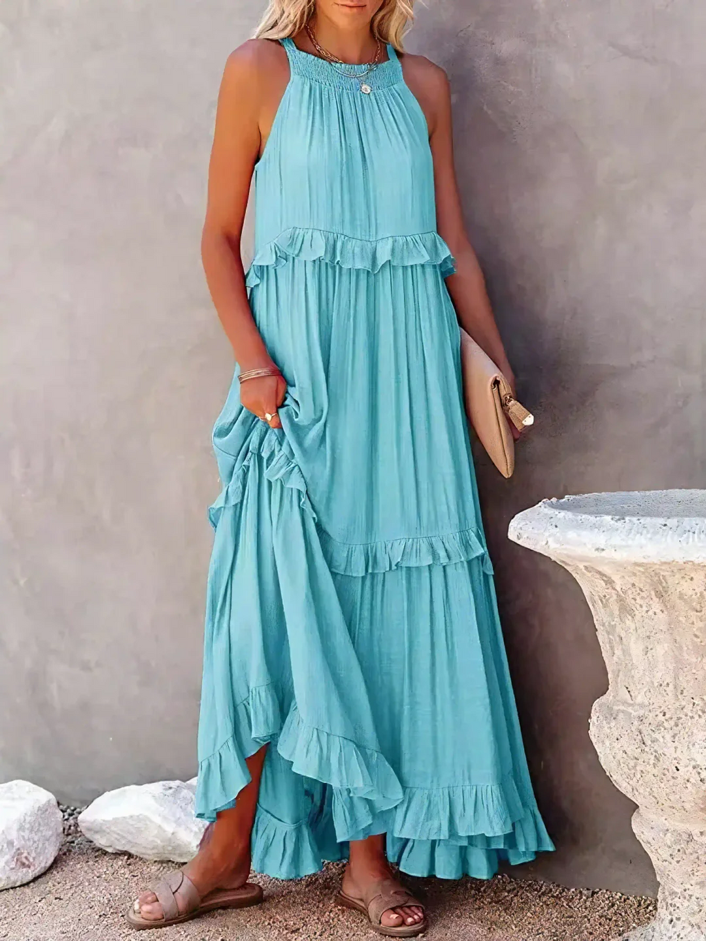 High Neck Smocked Halter Sleeveless Tiered Ruffle Maxi Dress