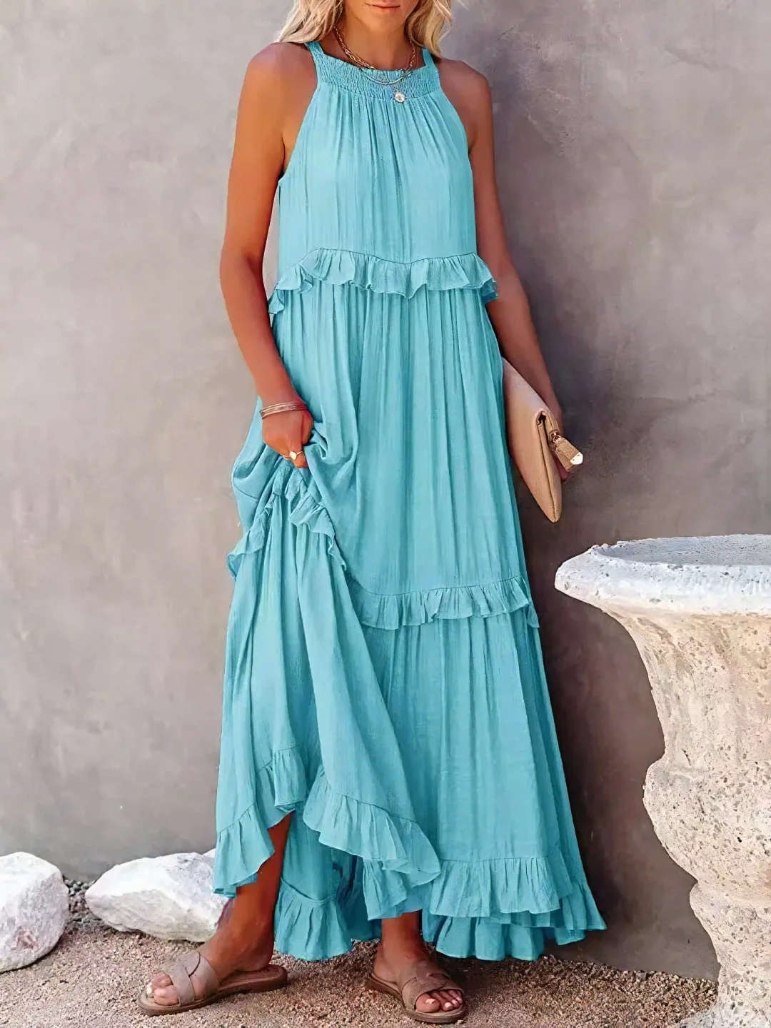 High Neck Smocked Halter Sleeveless Tiered Ruffle Maxi Dress