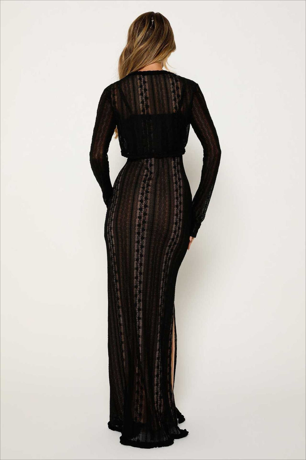Lace Long Sleeve Tie Front Deep V-Neck Ruffle Trim Bodycon Maxi Dress