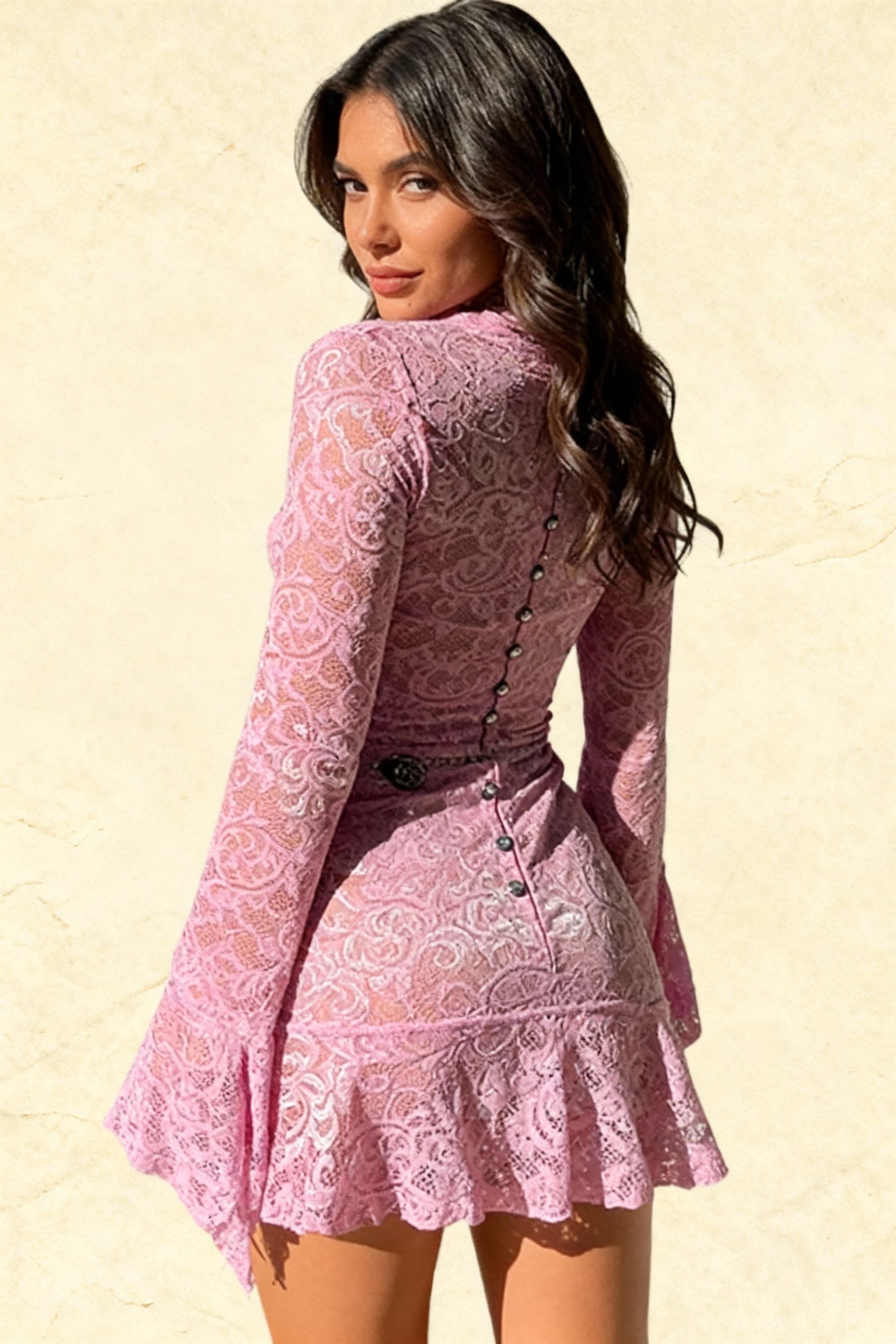 Floral Lace Deep V-Neck Bell Sleeve Asymmetric Ruffle Hem Mini Dress