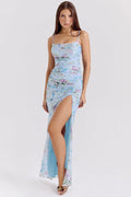 Floral Print Mesh Ruched Square Neck Spaghetti Strap High Split Maxi Dress