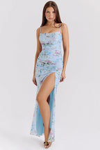 Floral Print Mesh Ruched Square Neck Spaghetti Strap High Split Maxi Dress
