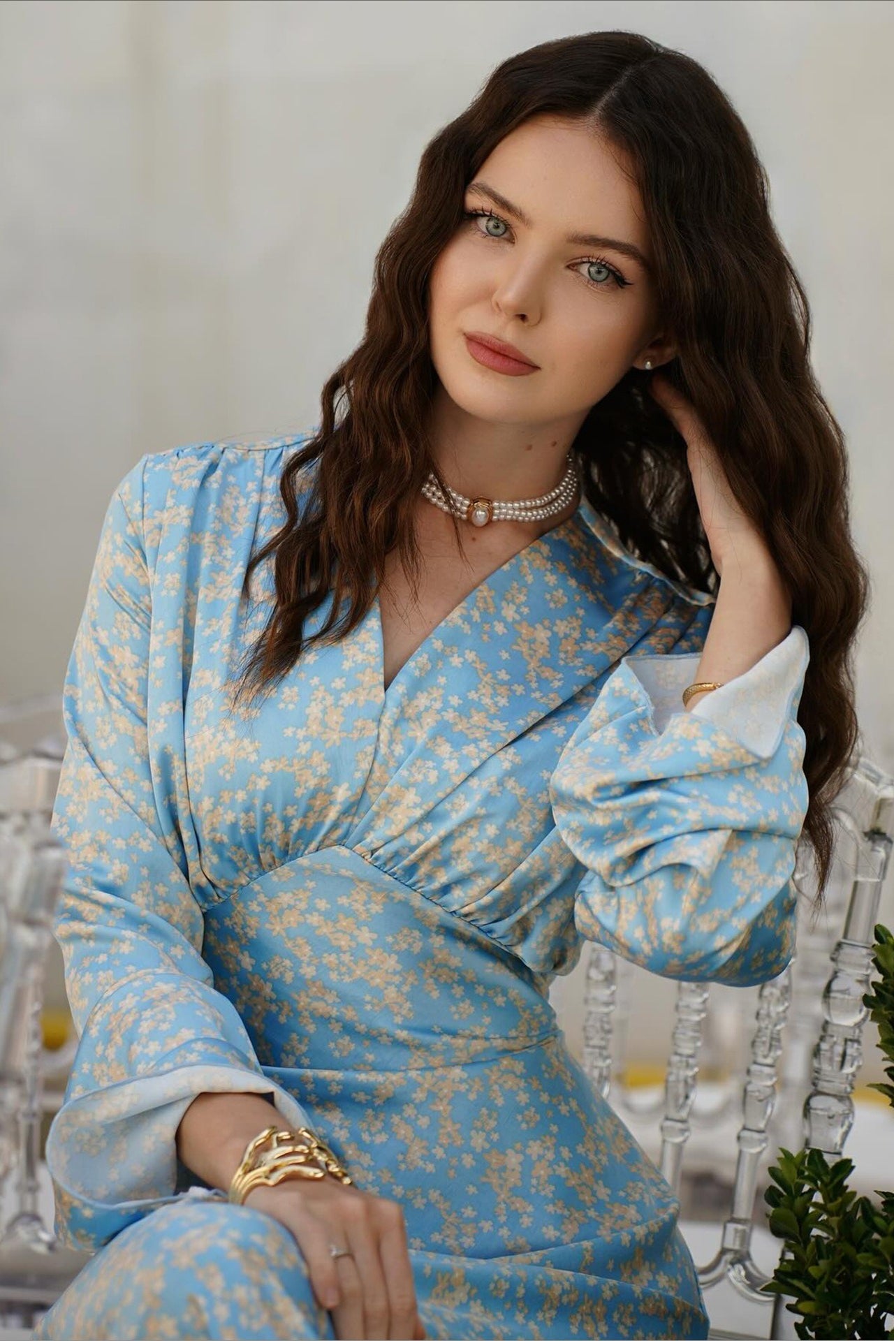Deep V Neck Flared Sleeve Tiered Maxi Floral Print Dress