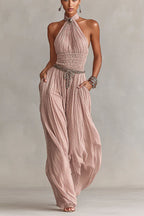 Bohemian Halter Neck Wide-Leg Jumpsuit