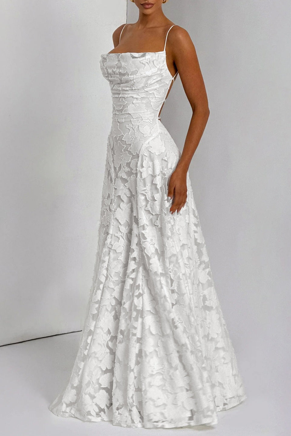 Floral Lace Spaghetti Strap Open Back Tiered Maxi Dress