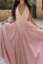 Gingham Halter Deep V-Neck Drop Waist Pleated Maxi Dress