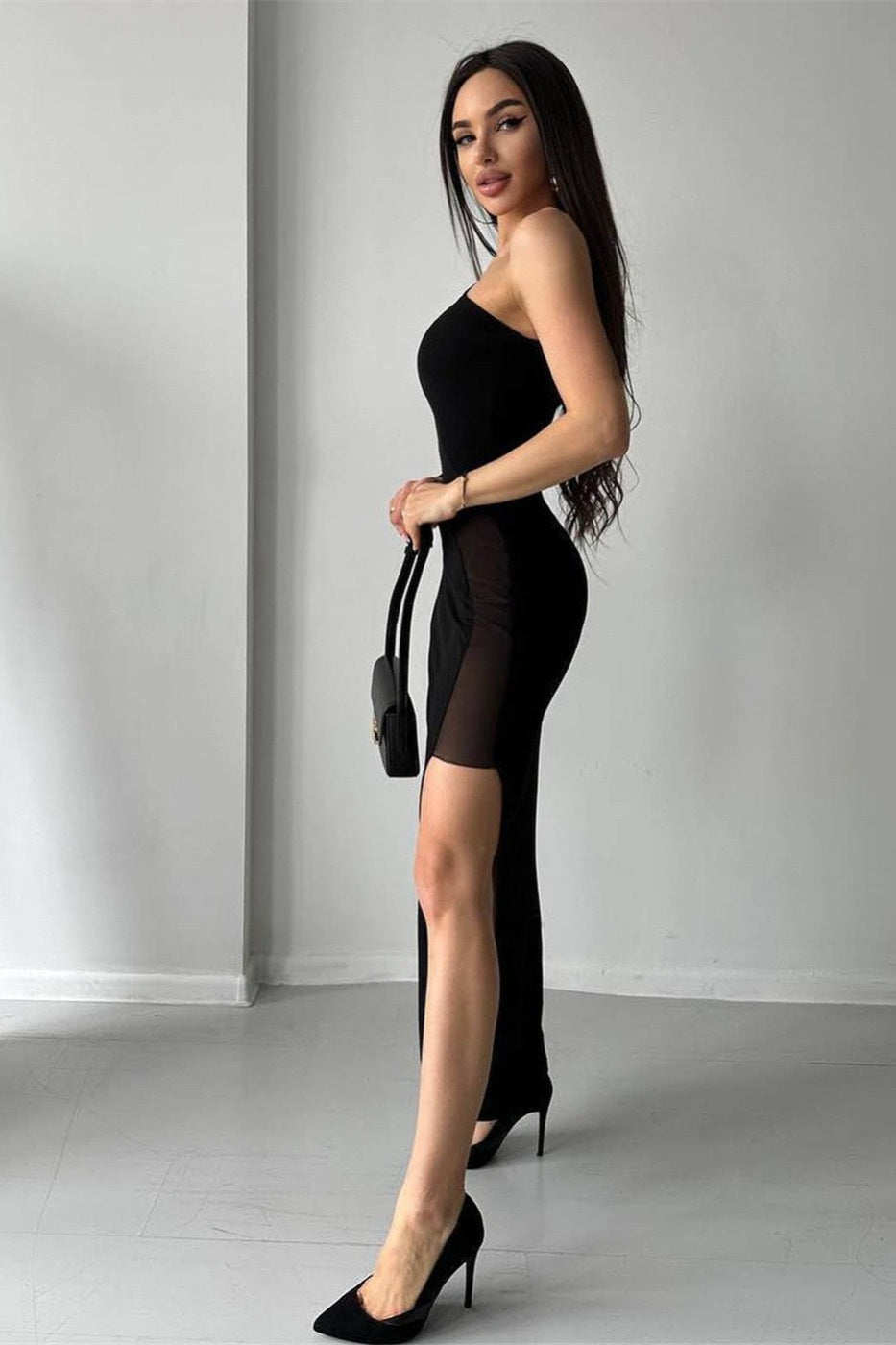 One Shoulder Mesh Panel Curve Cut Out Bodycon Mini Dress