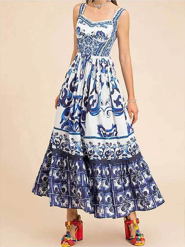 Tile Print Corset Bodice Tiered Ruffle Maxi Dress