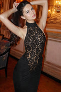 Halter Lace Collar Floral Lace Panel Ruched Bodycon Maxi Dress
