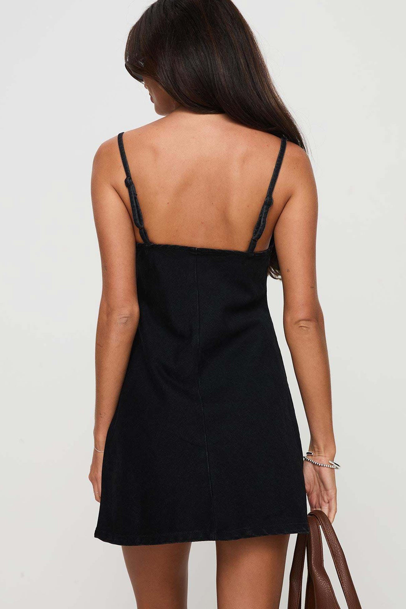 Spaghetti Strap V-Neck Center Cut Out Contrast Stitch Denim Mini Dress