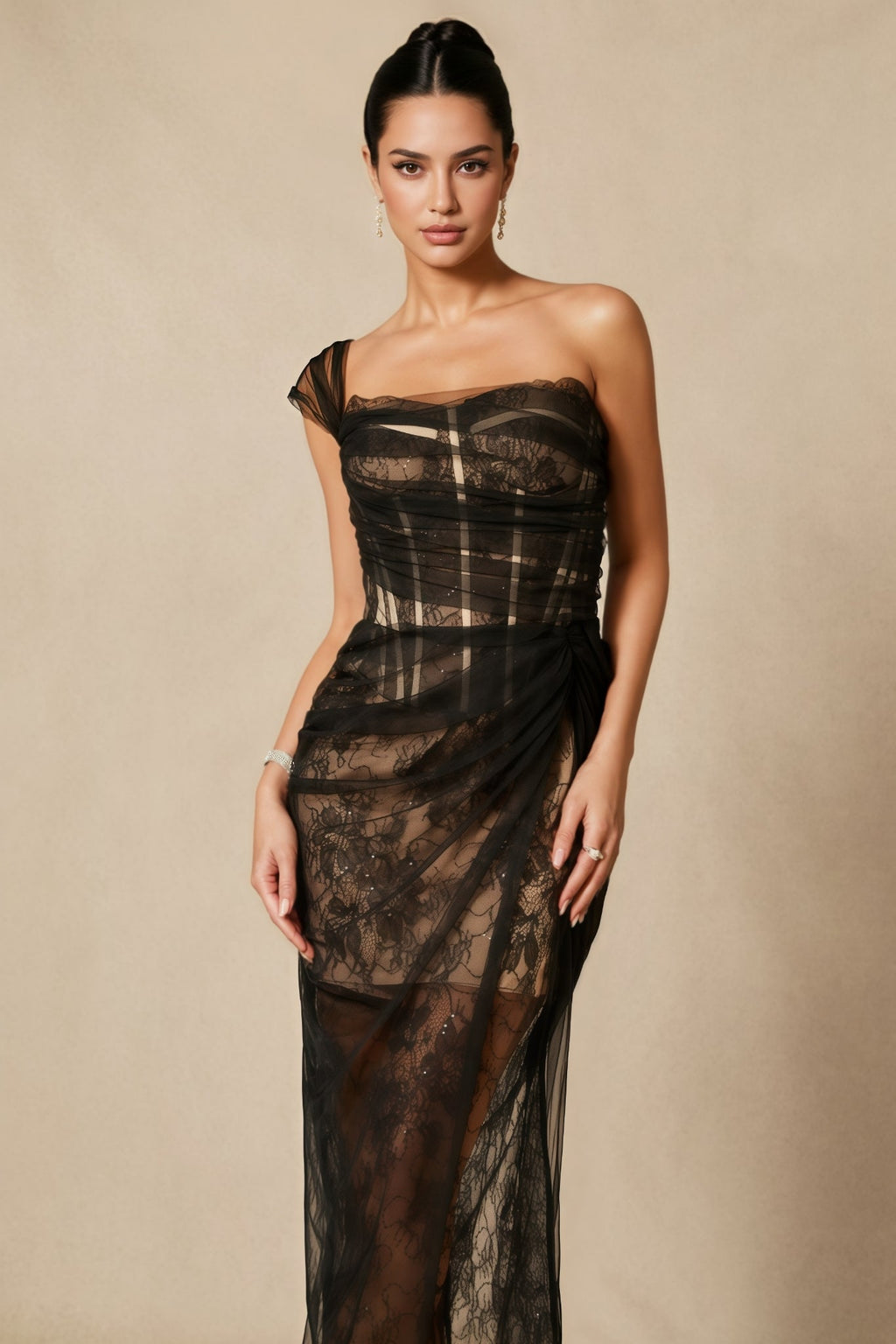 Ezgi One Shoulder Corset Lace Maxi Dress