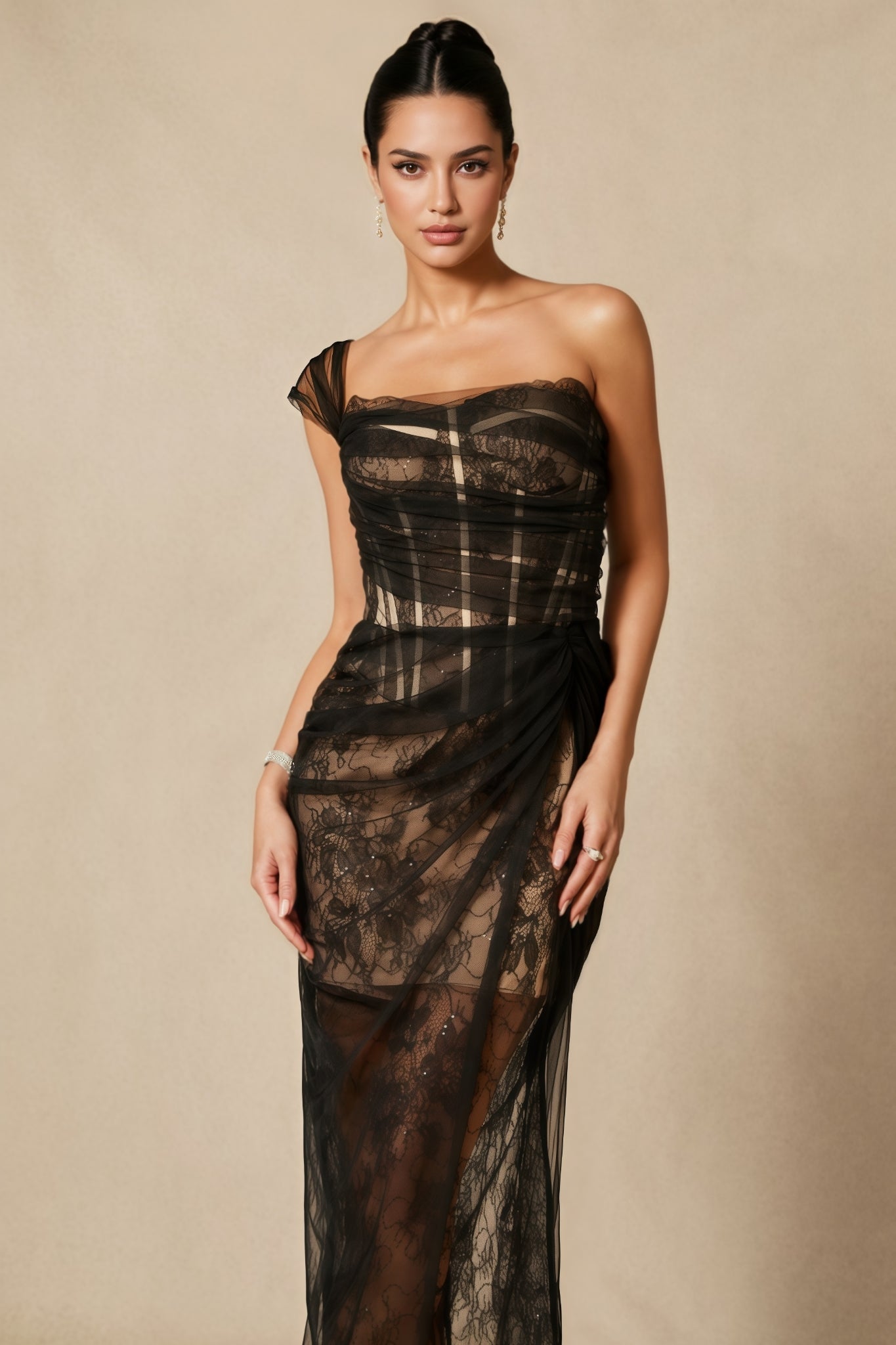 Ezgi One Shoulder Corset Lace Maxi Dress