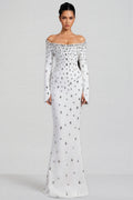 Kania White Long Sleeve Beaded Maxi Dress