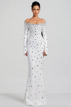 Kania White Long Sleeve Beaded Maxi Dress