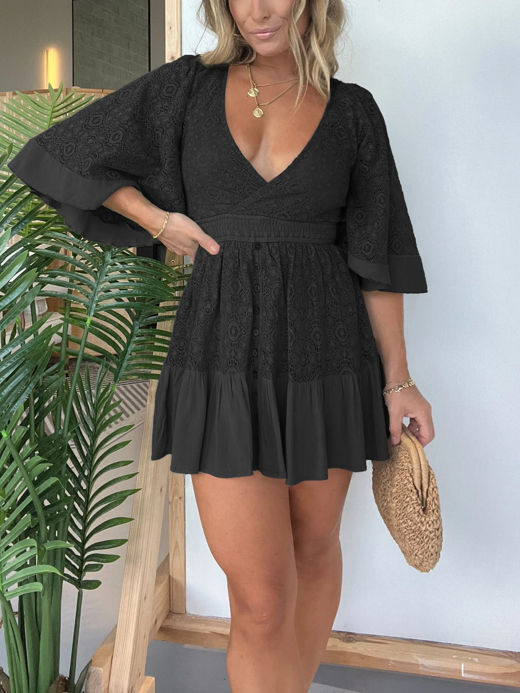 Lace Overlay Wrap V-Neck Smocked Waist Button Front Mini Romper