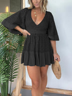 Lace Overlay Wrap V-Neck Smocked Waist Button Front Mini Romper