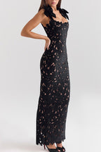 Lace Bow Shoulder Strap Sweetheart Neck Scalloped Bodycon Maxi Dress