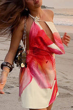 Abstract Print Satin Asymmetrical One Shoulder Draped Cowl Neck Mini Dress