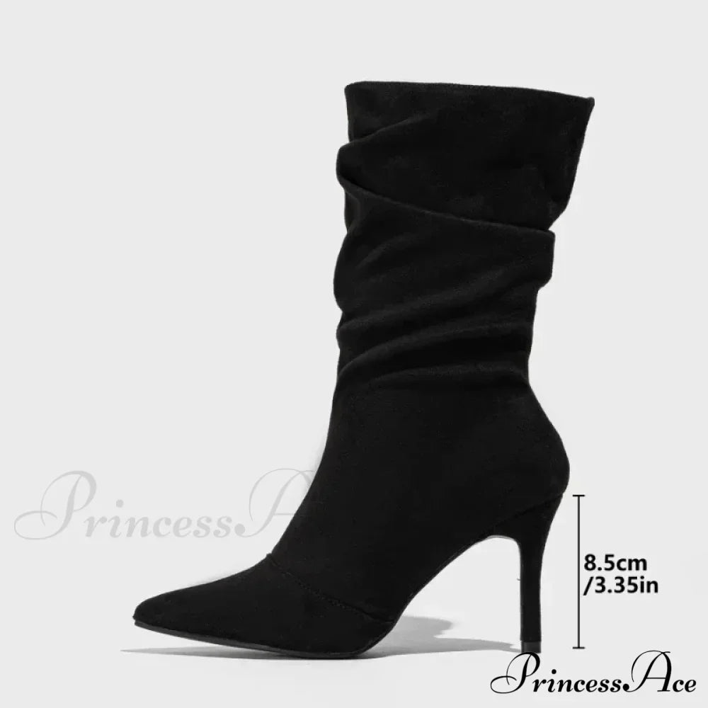 8.5CM Thin High Heels Faux Suede Pointed Mid-Calf Boots for Women - Four-season Designer Pleated Ladies Shoes