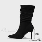 8.5CM Thin High Heels Faux Suede Pointed Mid-Calf Boots for Women - Four-season Designer Pleated Ladies Shoes