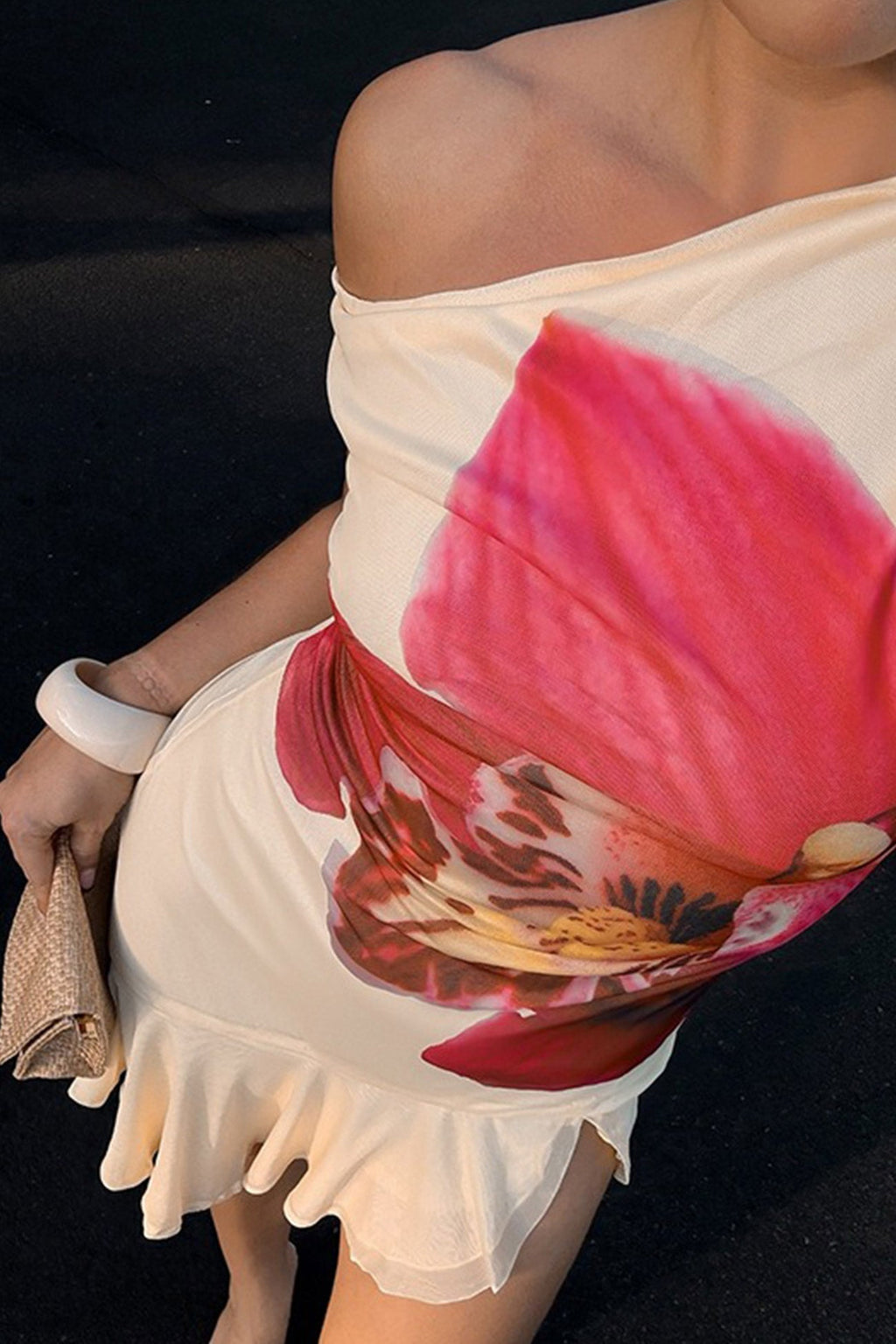 Orchid Floral Print One Shoulder Ruffle Handkerchief Hem Mini Dress