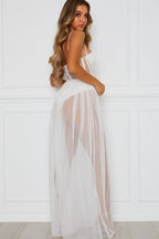 Strapless Corset Mesh Overlay Thigh Slit Maxi Dress