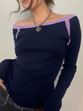 Contrast Color Off Shoulder Long Sleeve Tee