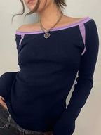 Contrast Color Off Shoulder Long Sleeve Tee
