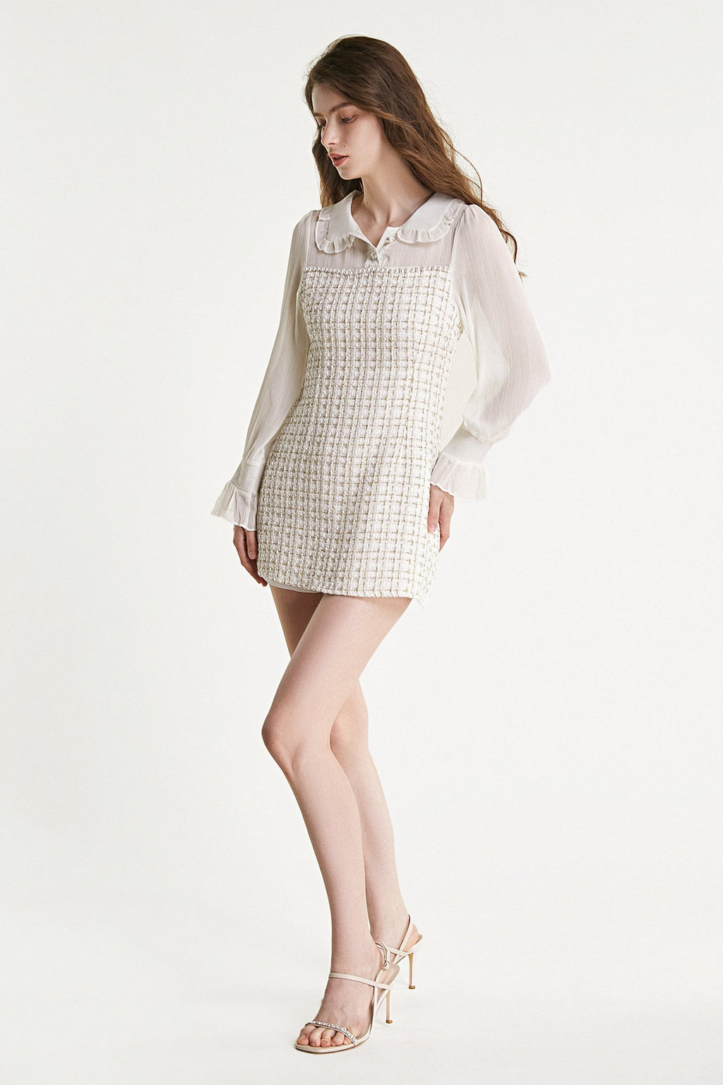 Mesh Yoke Peter Pan Collar Balloon Sleeve Tweed Pearl Trim Mini Dress