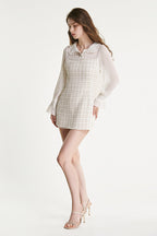 Mesh Yoke Peter Pan Collar Balloon Sleeve Tweed Pearl Trim Mini Dress