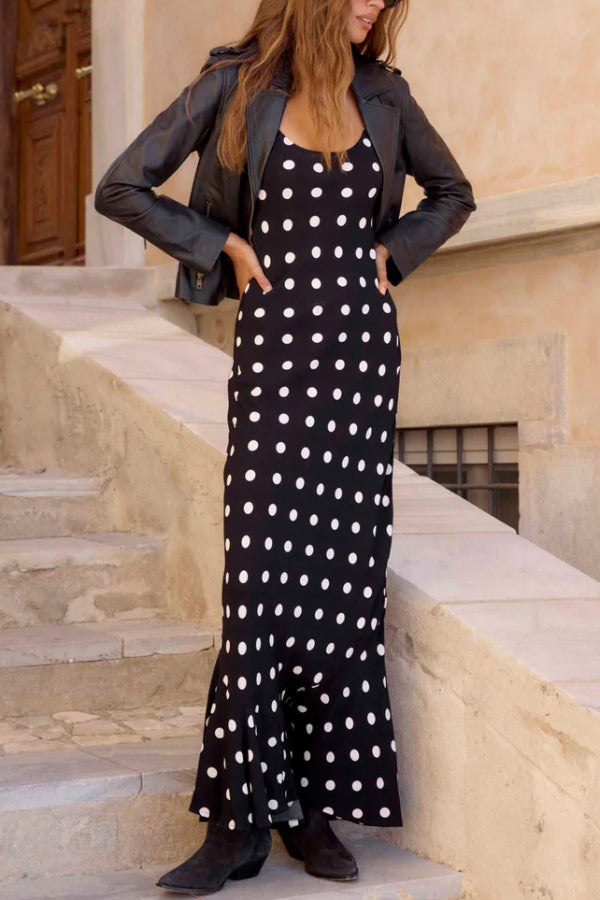 Polka Dot Print Sleeveless Spaghetti Strap Slim-fit Elegant Ruffled Hem Maxi Dress
