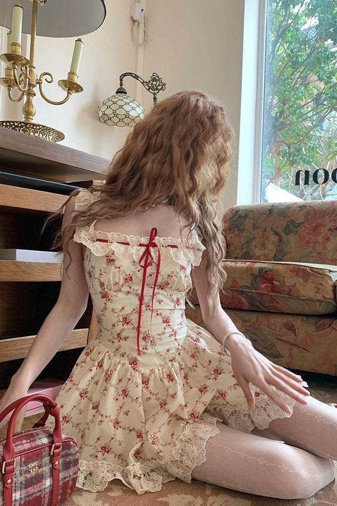 Floral Print Lace Trim Bow Sweetheart Corset Mini Dress