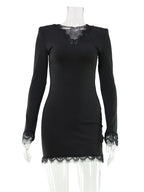 Lace Trim Long Sleeve V-Neck Bodycon Mini Party Dress For Women 2026