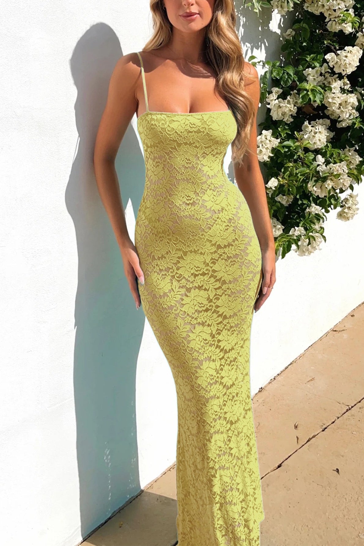Lace Square Neck Spaghetti Strap Bodycon Maxi Dress