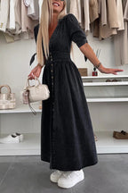 Solid Color V-neck Button-down Denim Midi Dress