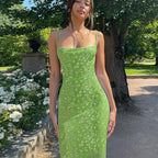 Ditsy Floral Print Spaghetti Strap Square Neck Bodycon Maxi Dress