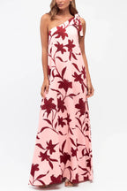 Botanical Print Sleeveless One-shoulder Tie-up Casual Vacation Maxi Dress