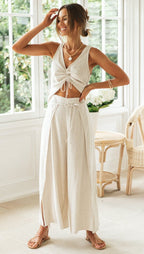 Women Solid Color Drawstring Short Sleeve Two Piece